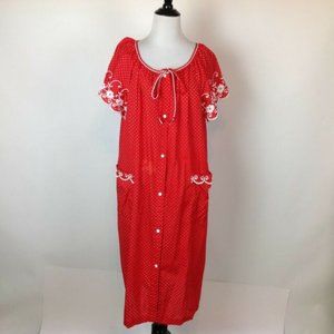 Vintage Lara Dee Housedress Lounge Chore Embroidery Polka Dot Womens XL